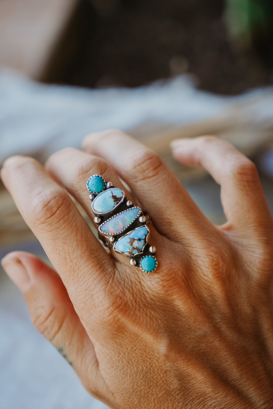 Cairn Ring in Golden Hills, Hubei Turquoise, Faceted Calcite, & Boulder Opal Doublet (Size 8)