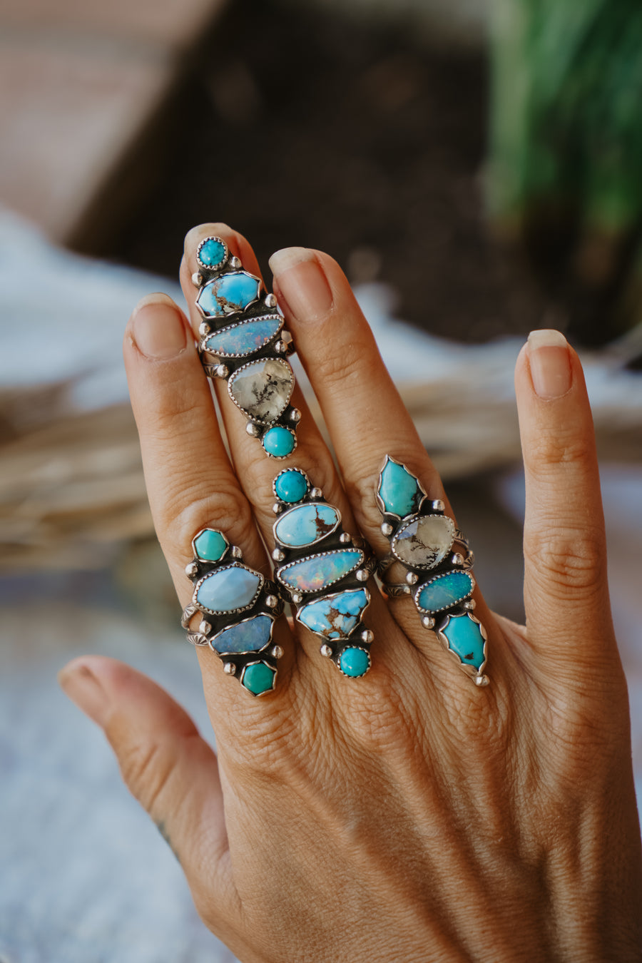 Cairn Ring in Hubei Turquoise, Faceted Calcite, & Boulder Opal Doublet (Size 7)
