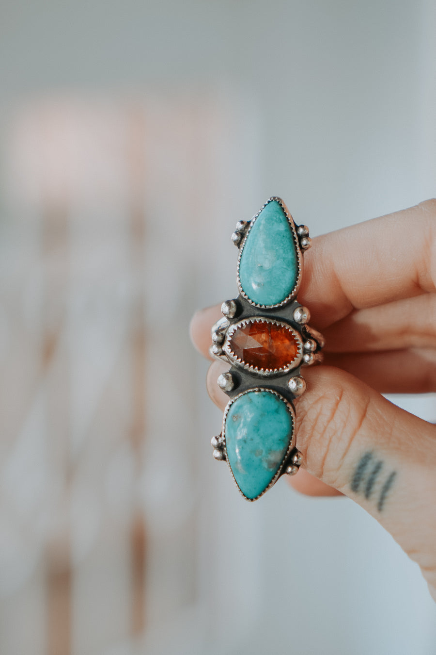 Cairn Ring in Whitewater Turquoise & Beer Quartz (Size 8)