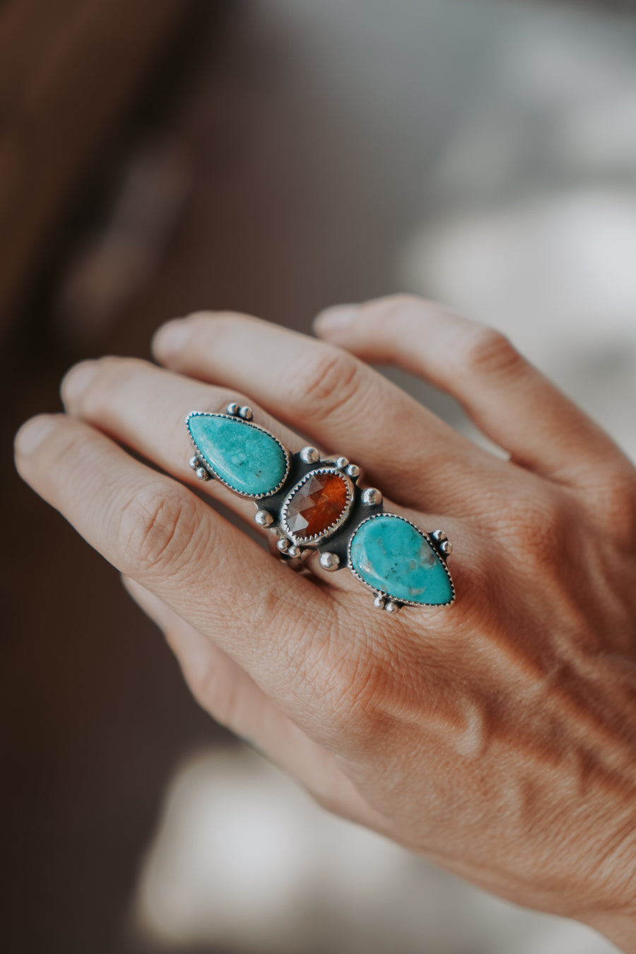 Cairn Ring in Whitewater Turquoise & Beer Quartz (Size 8)