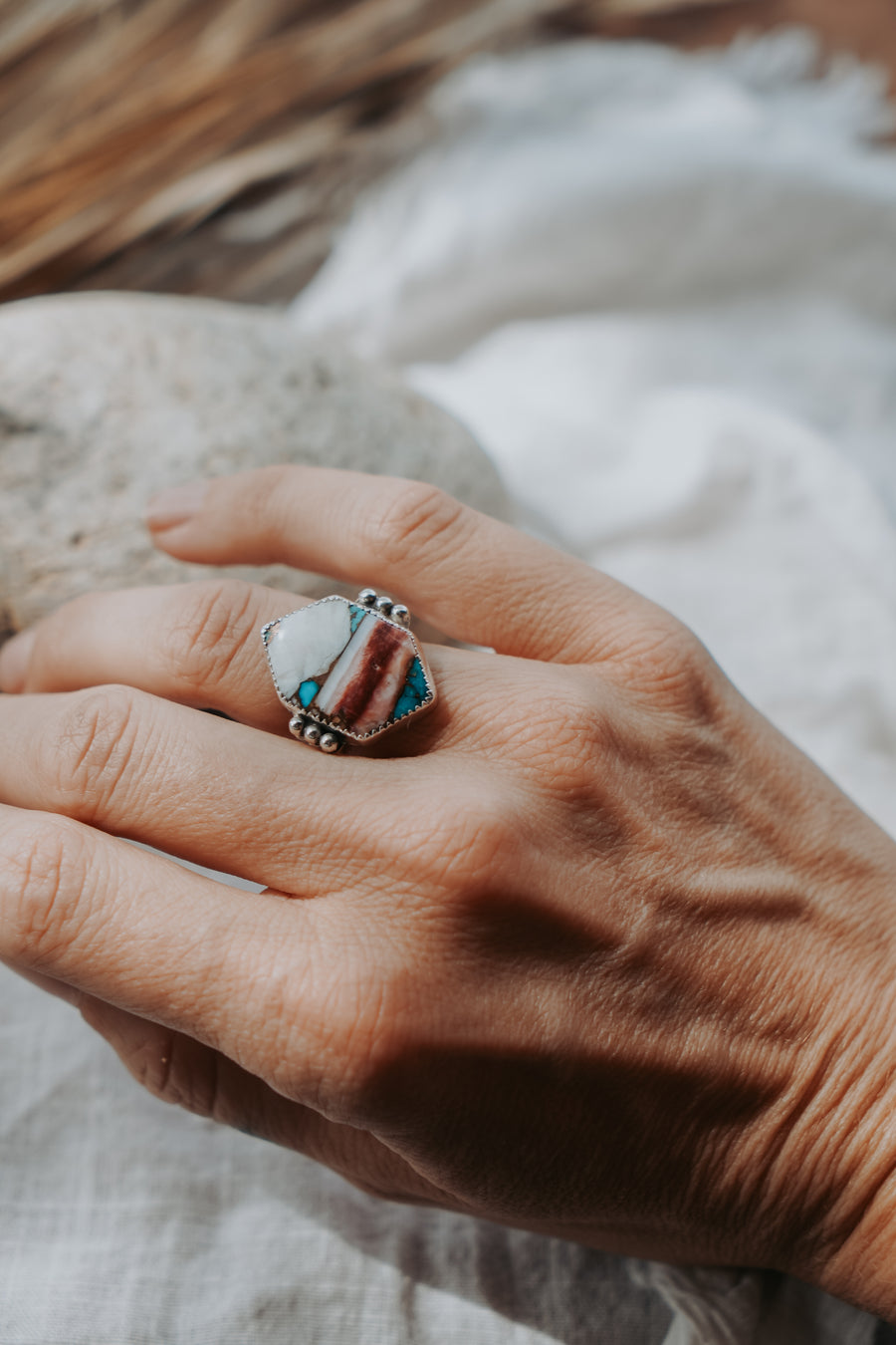 Spiny Oyster & Kingman Turquoise Ring (Size 5.5)