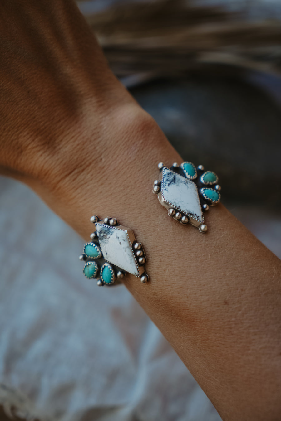 Statement Cuff in White Buffalo & Tyrone Turquoise