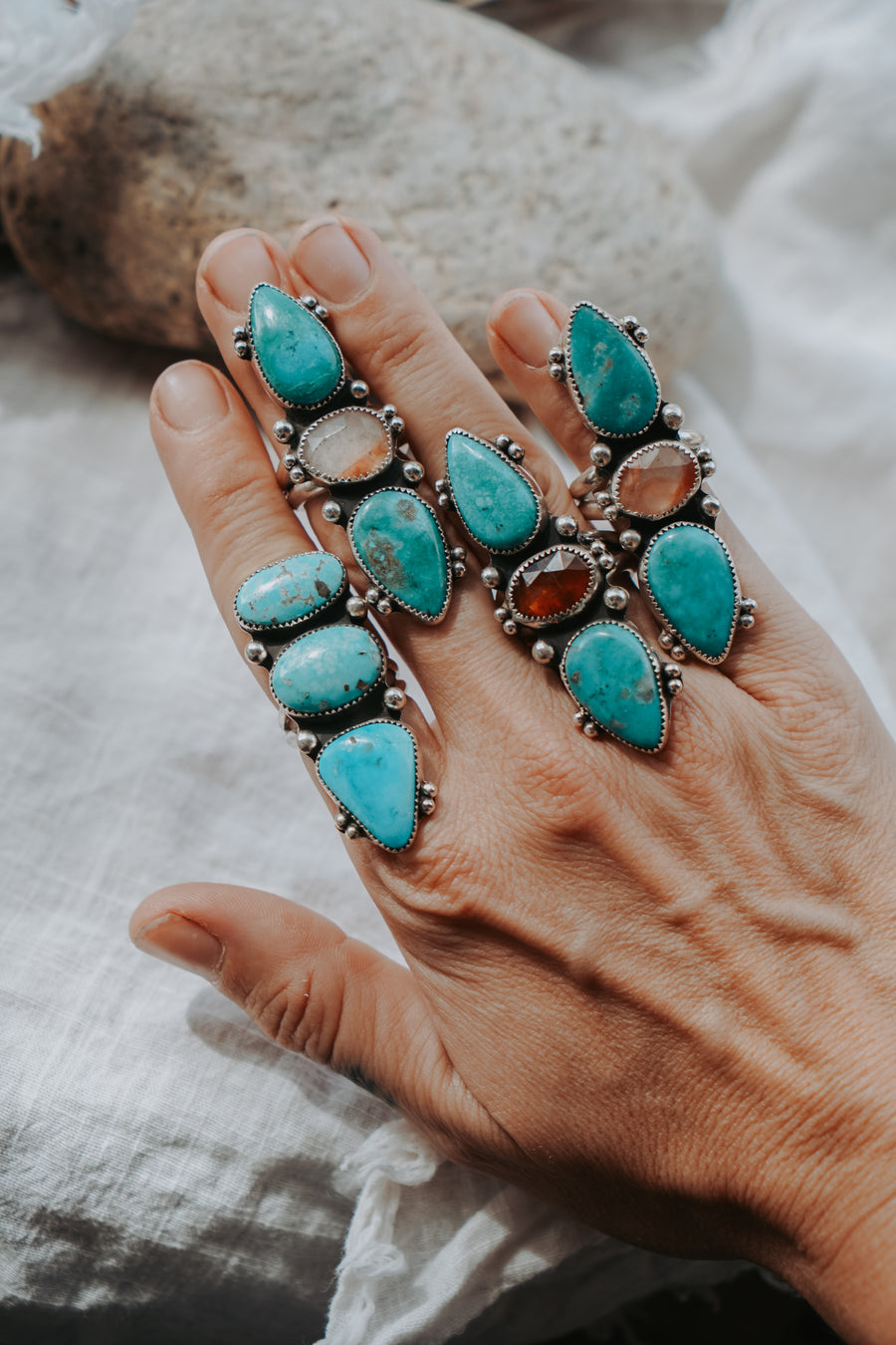 Cairn Ring in Royston Turquoise & Healer Quartz (Size 7.5)