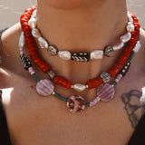 Necklace in Coral & Mother of Pearl Beads