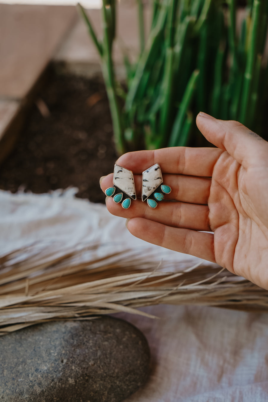 Statement Earrings in White Buffalo & Tyrone Turquoise