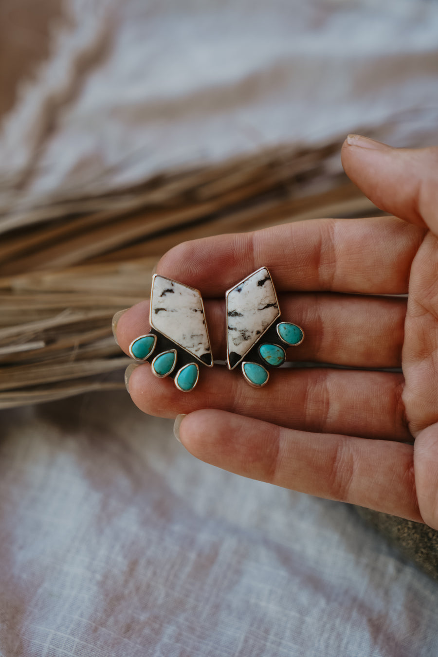 Statement Earrings in White Buffalo & Tyrone Turquoise