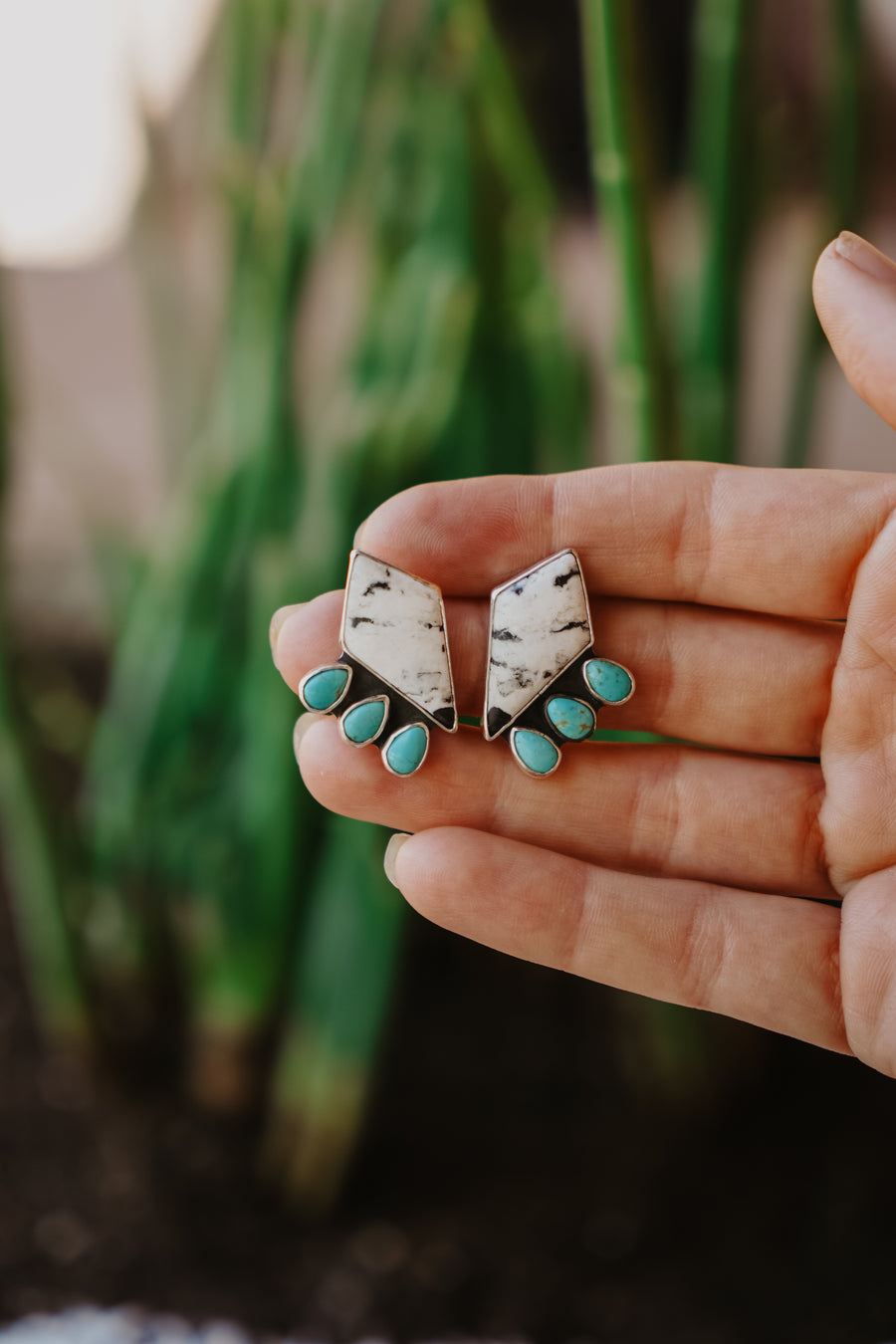 Statement Earrings in White Buffalo & Tyrone Turquoise