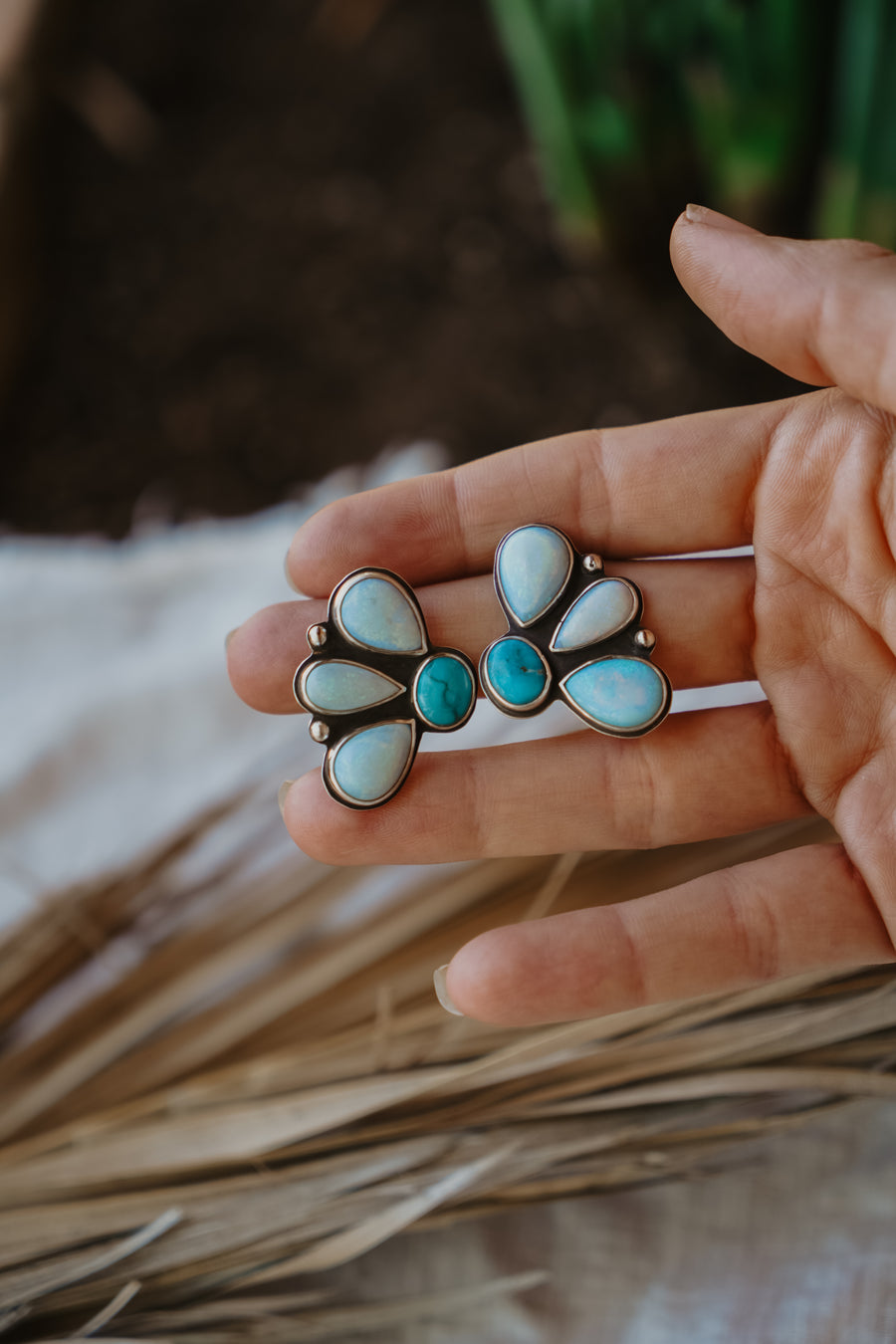 Statement Earrings in Hubei Turquoise & Sterling Opal