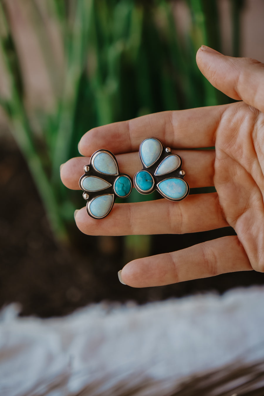 Statement Earrings in Hubei Turquoise & Sterling Opal