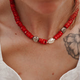 Necklace in Coral & Mother of Pearl Beads