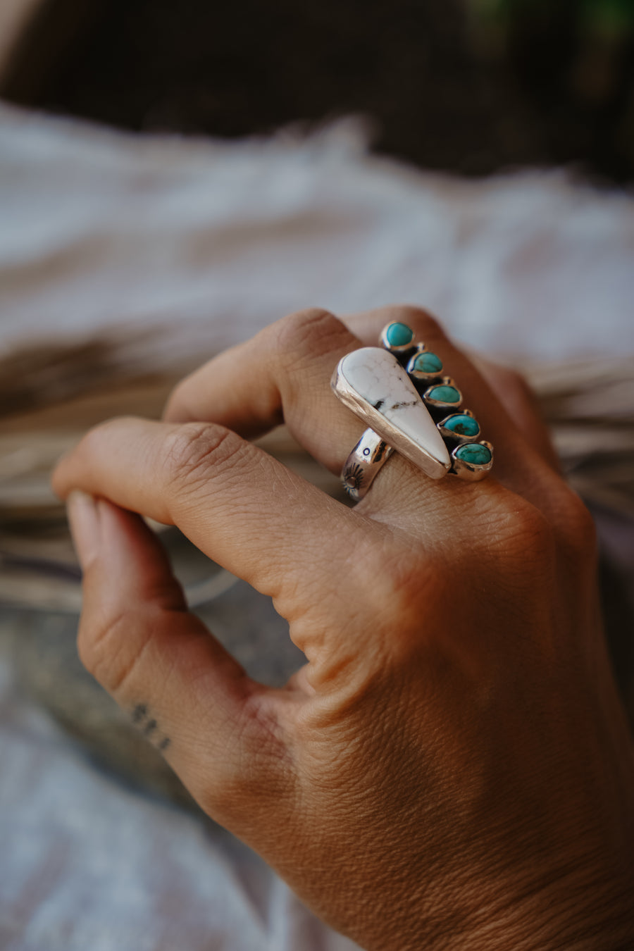 White Buffalo + Hubei Turquoise Ring (Size 7.5)