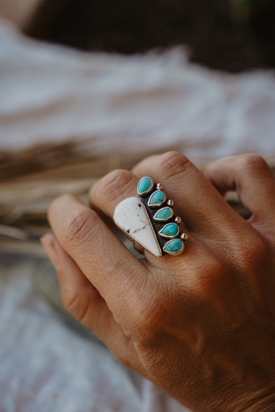 White Buffalo + Hubei Turquoise Ring (Size 7.5)