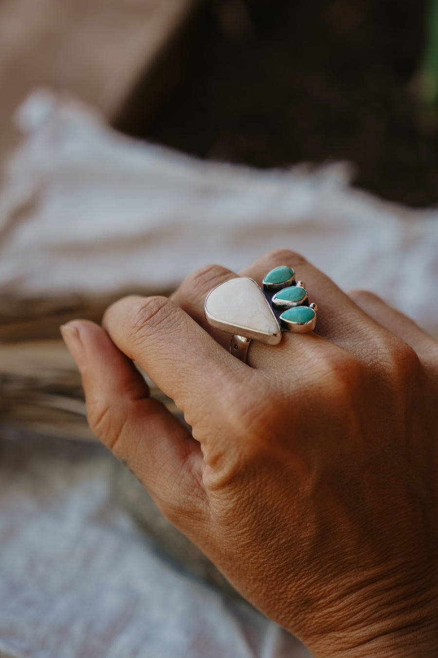 White Buffalo + Hubei Turquoise Ring (Size 8.5)