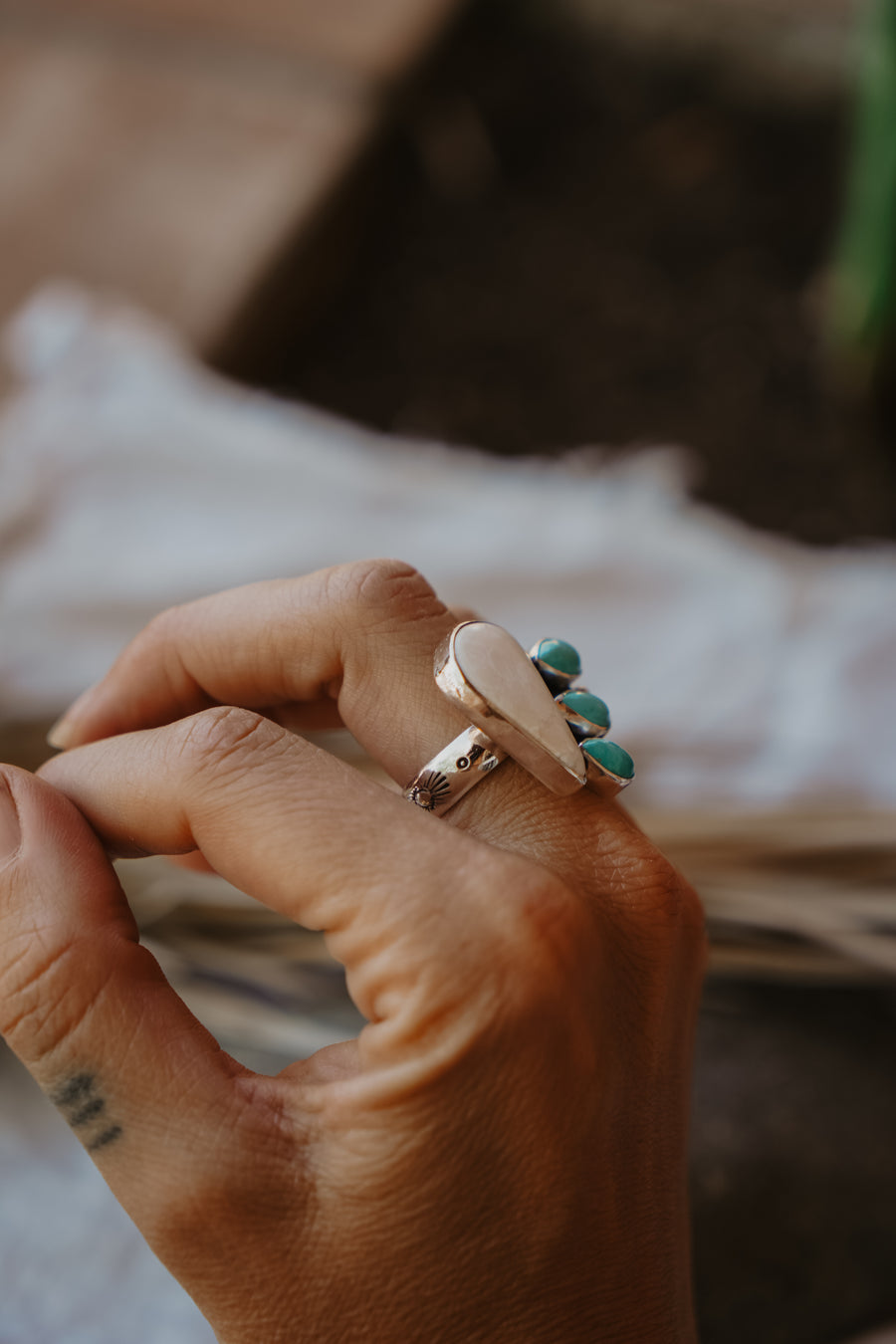 White Buffalo + Hubei Turquoise Ring (Size 8.5)