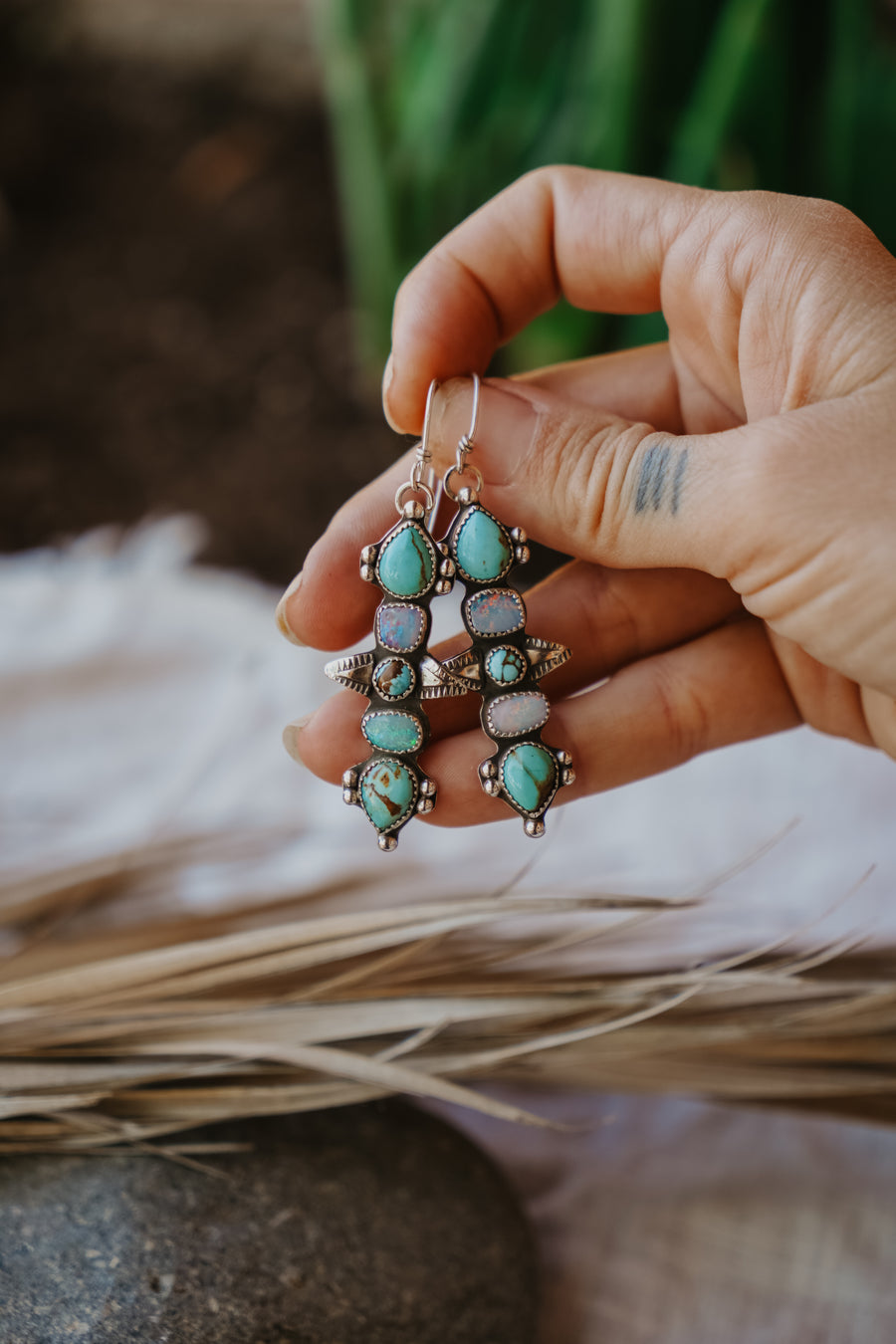 Statement Earrings in Boulder Opal Doublet & Hubei Turquoise