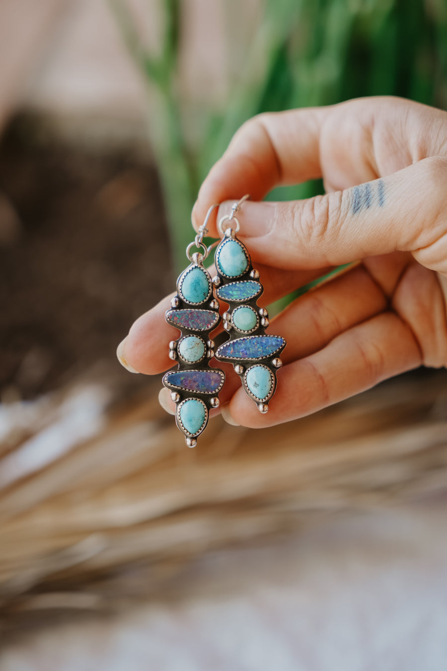 Statement Earrings in Boulder Opal Doublet, Sierra Nevada, & Iron Maiden Turquoise