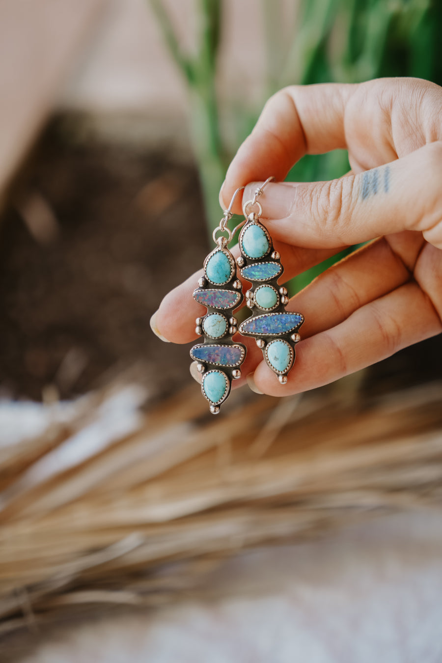 Statement Earrings in Boulder Opal Doublet, Sierra Nevada, & Iron Maiden Turquoise