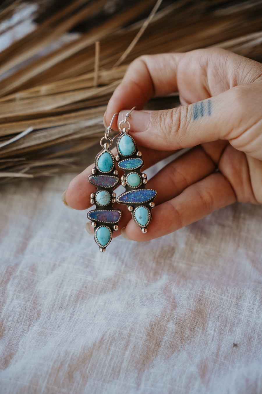 Statement Earrings in Boulder Opal Doublet, Sierra Nevada, & Iron Maiden Turquoise