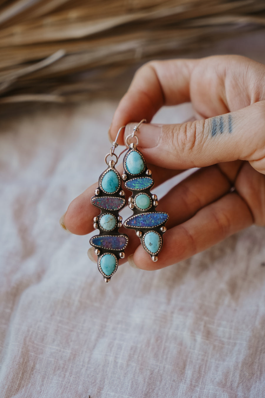 Statement Earrings in Boulder Opal Doublet, Sierra Nevada, & Iron Maiden Turquoise