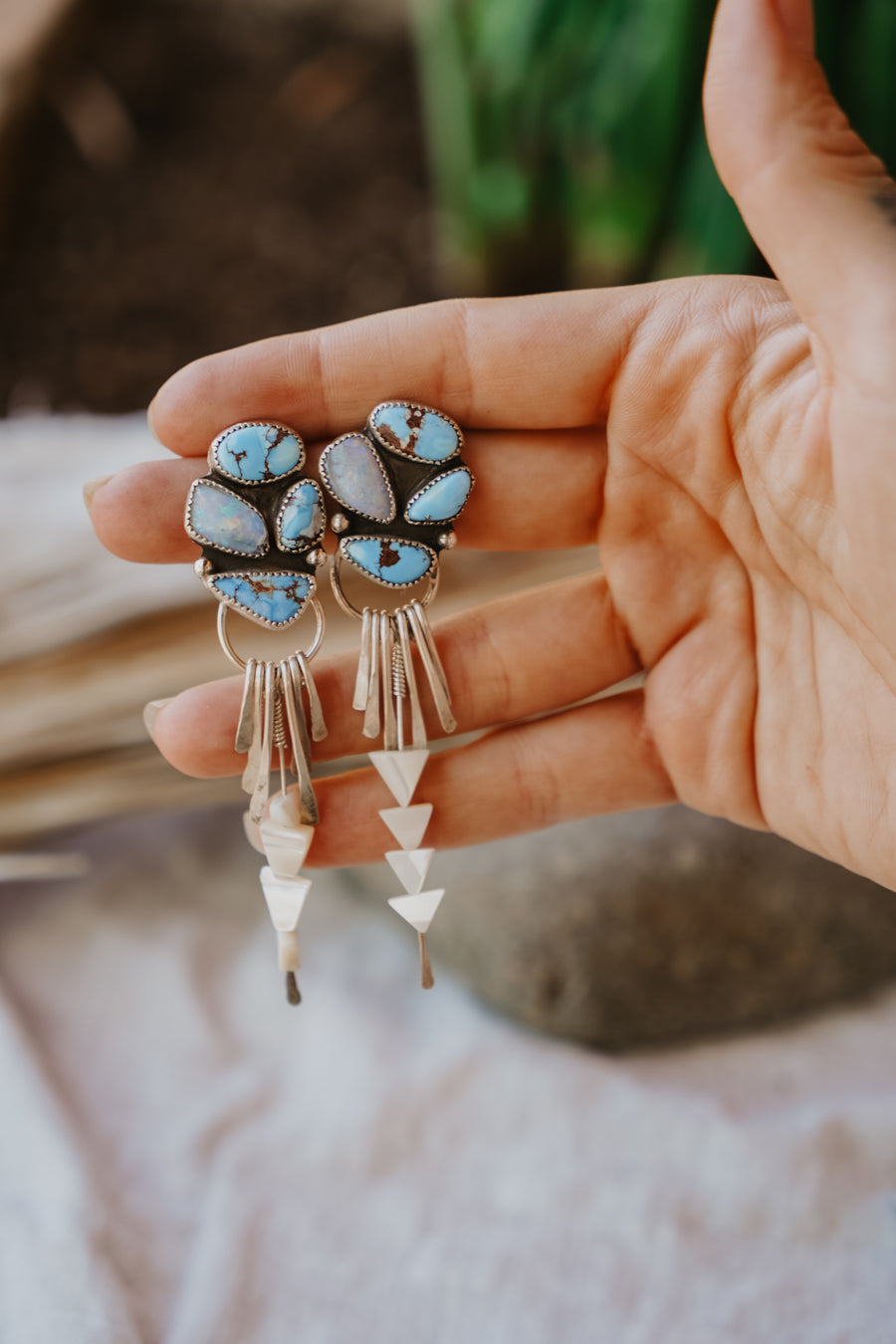 Blue Sky Earrings Golden Hills Turquoise, Boulder Opal Doublet & Mother of Pearl