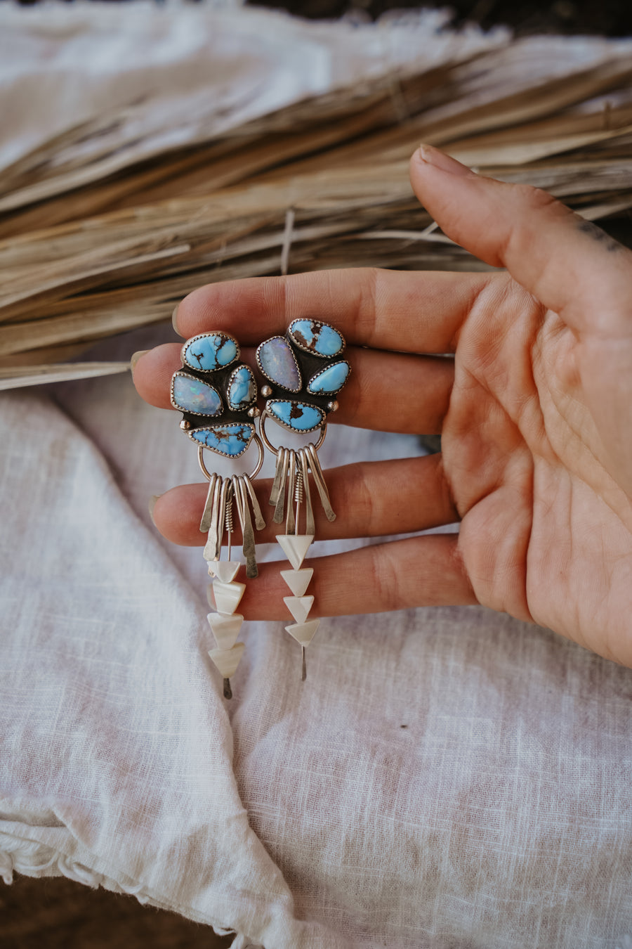 Blue Sky Earrings Golden Hills Turquoise, Boulder Opal Doublet & Mother of Pearl