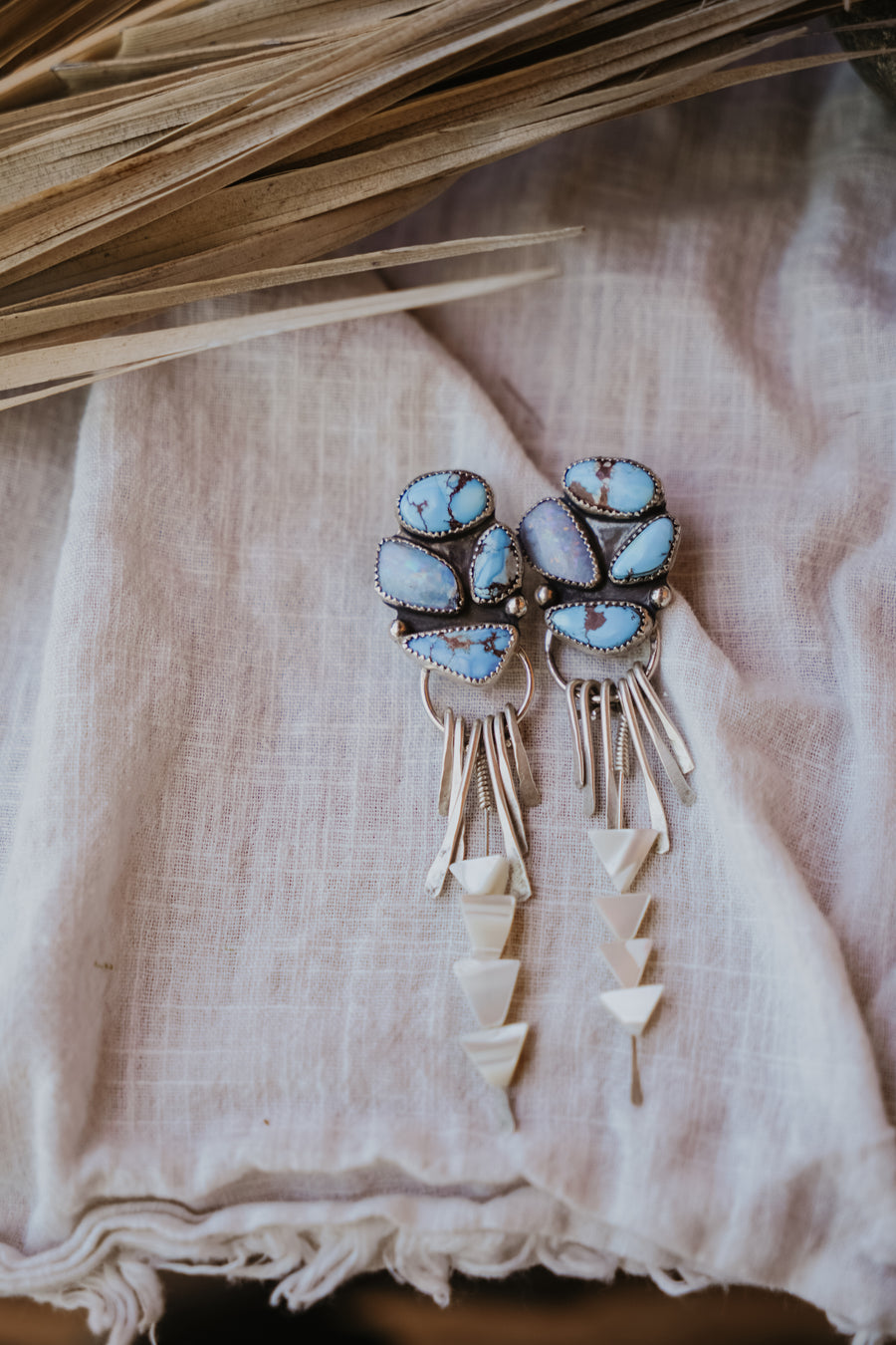 Blue Sky Earrings Golden Hills Turquoise, Boulder Opal Doublet & Mother of Pearl