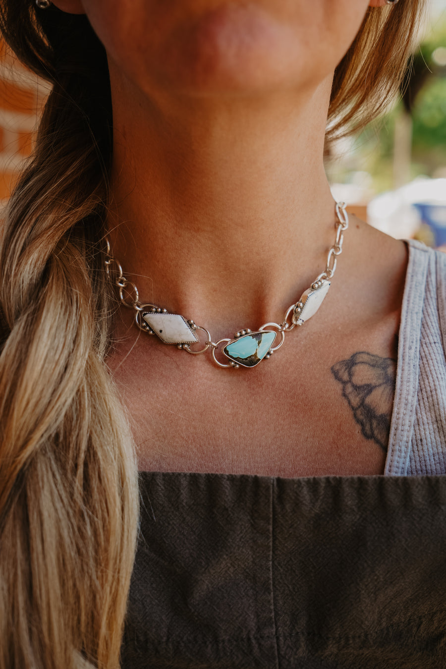 Adjustable Choker with Iron Maiden Turquoise & White Buffalo
