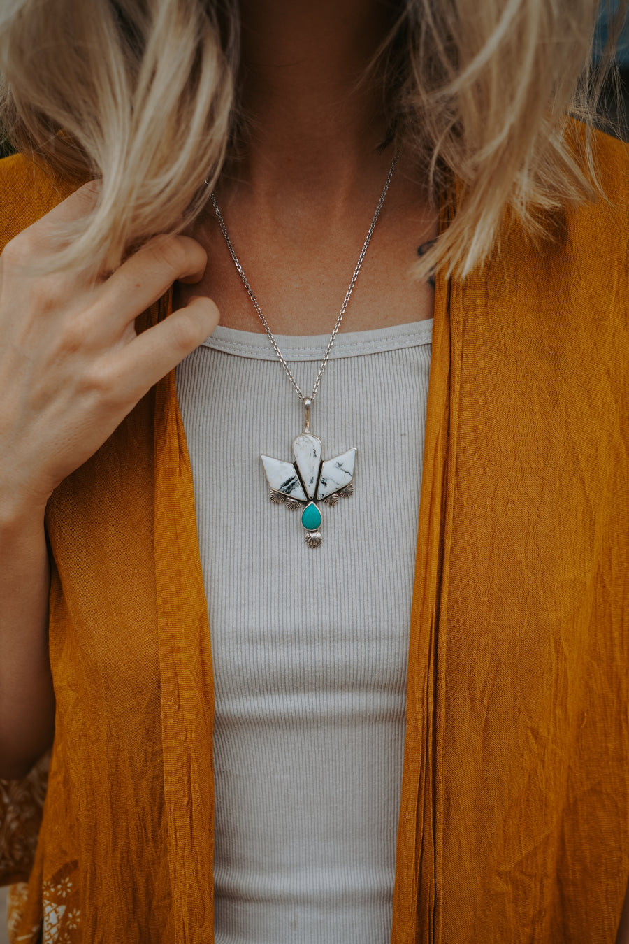Statement Pendant in White Buffalo & Kingman Turquoise