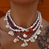 Porcelain Bead Necklace w/ Coral or Freshwater Pearl