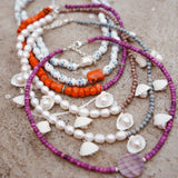 Necklace in Coral, Dyed Magnesite, & African Shell w/ Freshwater Pearl