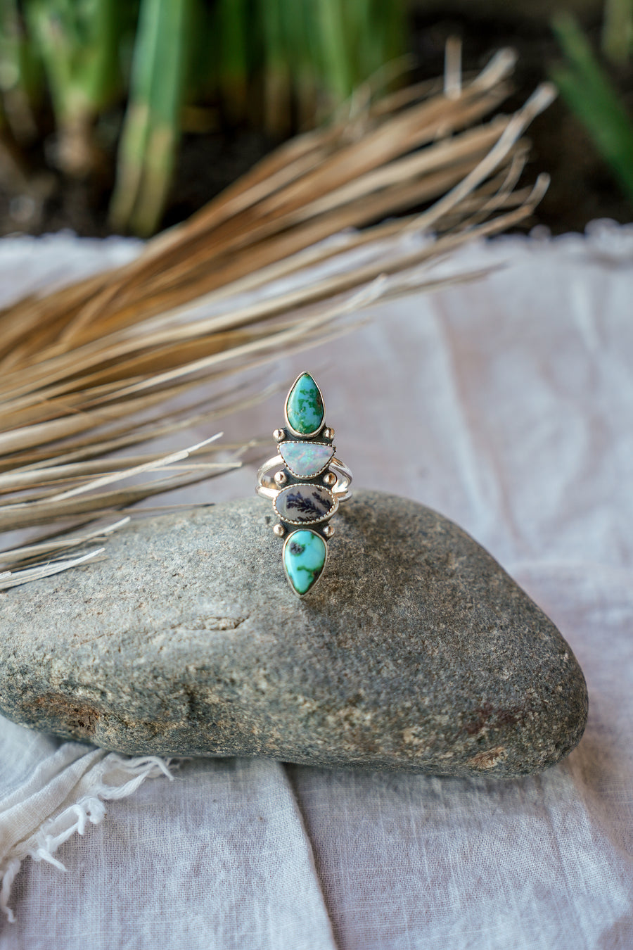 Cairn Ring in Emerald Valley Turquoise, Boulder Opal Doublet, & Scenic Agate (Size 9)