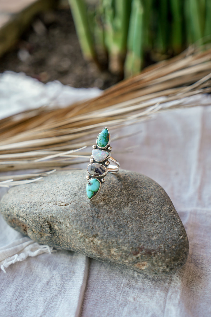 Cairn Ring in Emerald Valley Turquoise, Boulder Opal Doublet, & Scenic Agate (Size 9)