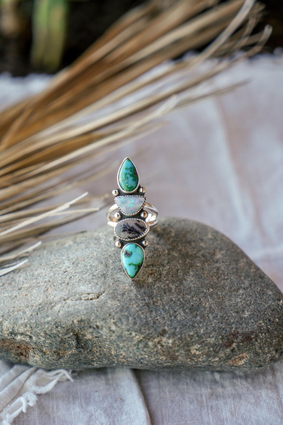Cairn Ring in Emerald Valley Turquoise, Boulder Opal Doublet, & Scenic Agate (Size 9)