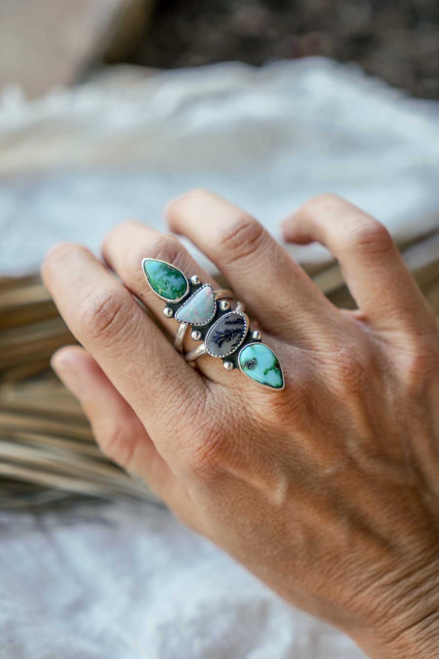 Cairn Ring in Emerald Valley Turquoise, Boulder Opal Doublet, & Scenic Agate (Size 9)