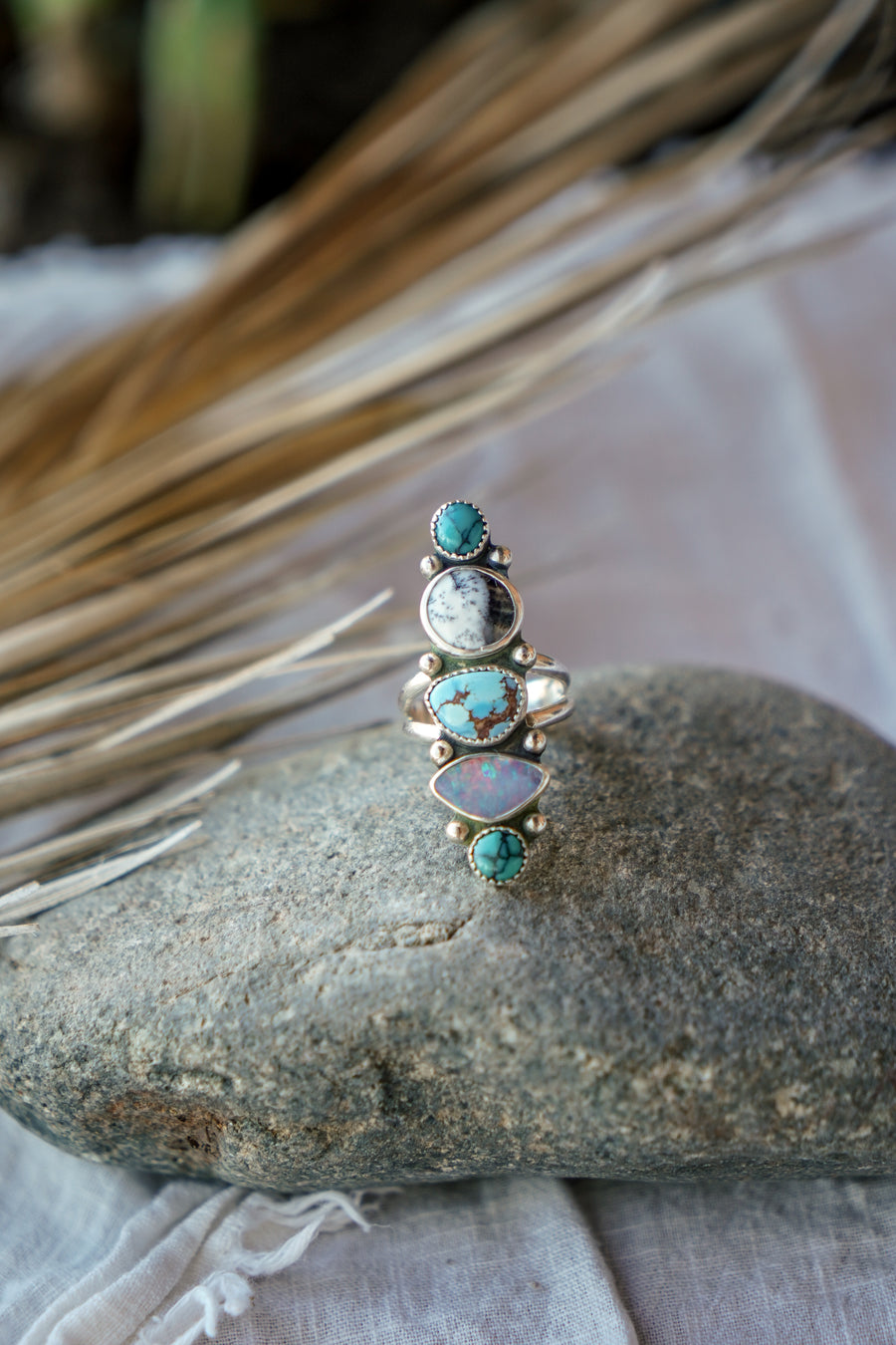 Cairn Ring in Golden Hills, Hubei Turquoise, Boulder Opal Doublet, & Dendritic Agate (Size 8)