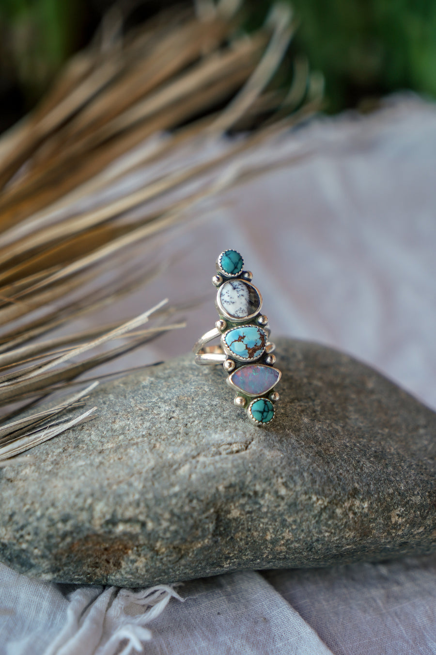 Cairn Ring in Golden Hills, Hubei Turquoise, Boulder Opal Doublet, & Dendritic Agate (Size 8)
