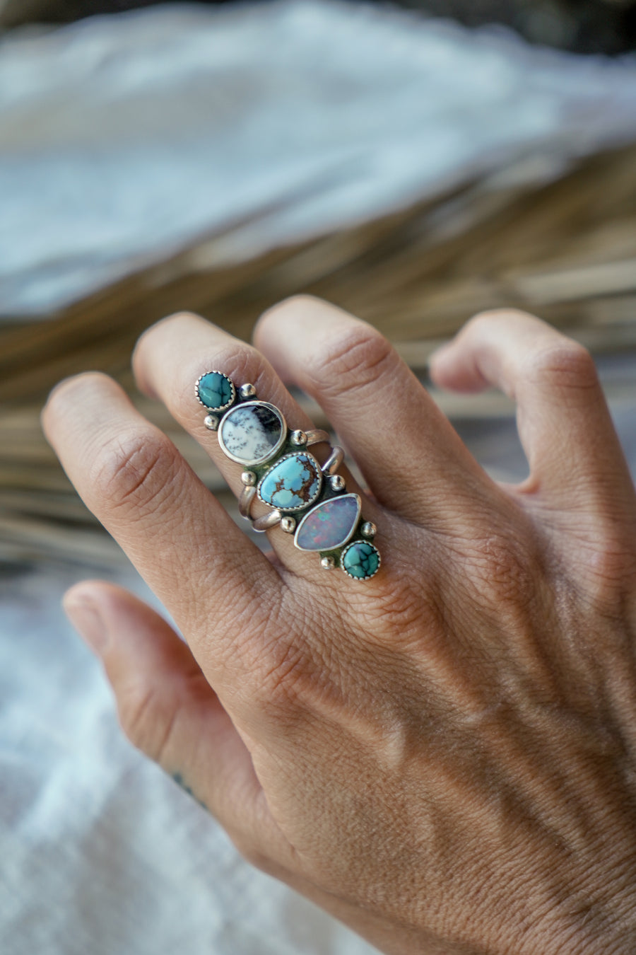Cairn Ring in Golden Hills, Hubei Turquoise, Boulder Opal Doublet, & Dendritic Agate (Size 8)