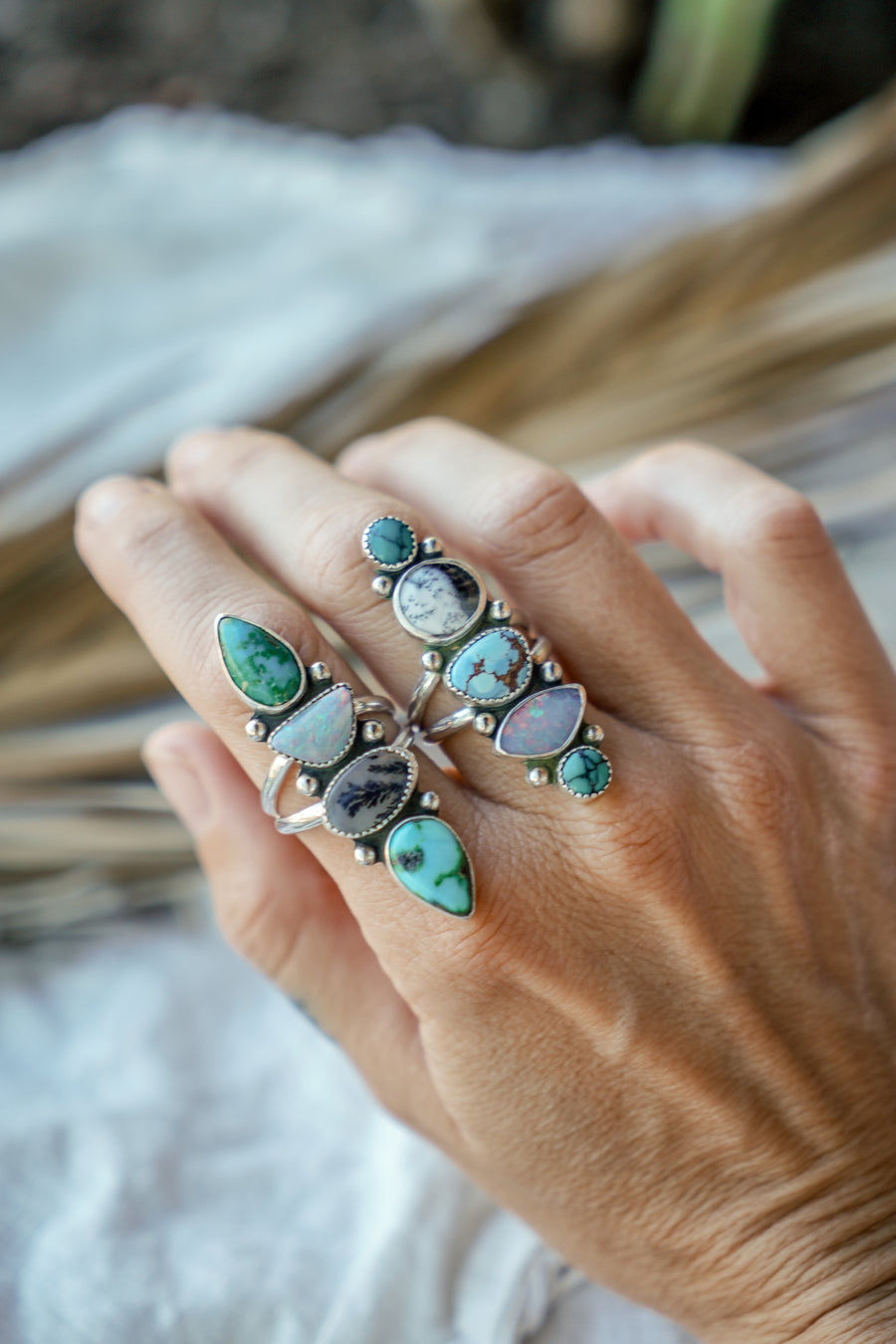 Cairn Ring in Emerald Valley Turquoise, Boulder Opal Doublet, & Scenic Agate (Size 9)