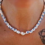 Porcelain Bead Necklace w/ Coral or Freshwater Pearl