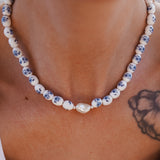 Porcelain Bead Necklace w/ Coral or Freshwater Pearl