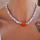 Porcelain Bead Necklace w/ Coral or Freshwater Pearl
