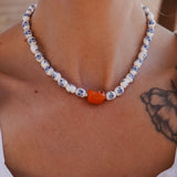 Porcelain Bead Necklace w/ Coral or Freshwater Pearl