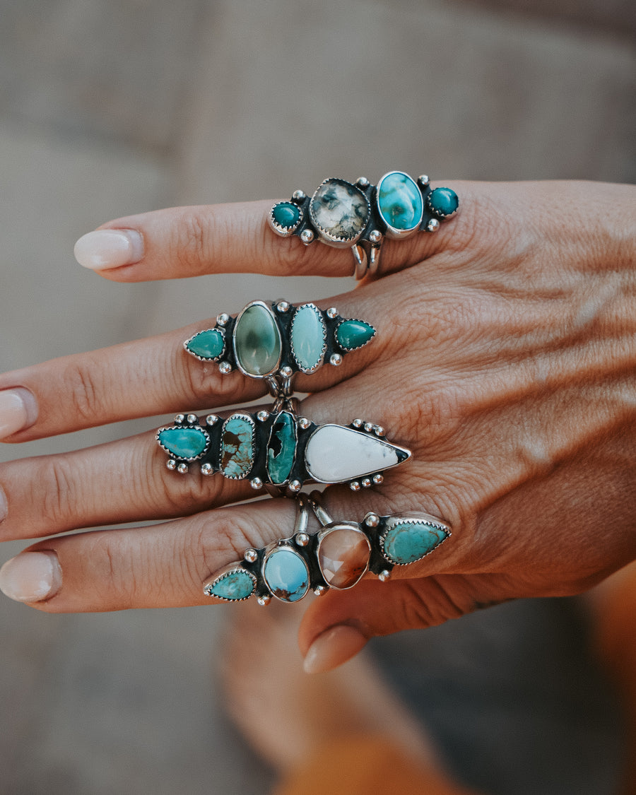 Cairn Ring in Moss Agate, Hubei & Turquoise Mountain Turquoise (Size 6.5)
