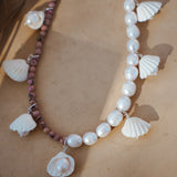 African Shell + Pearl Bead Necklace with Rhodonite or Aventurine Beads