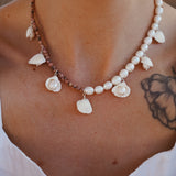 African Shell + Pearl Bead Necklace with Rhodonite or Aventurine Beads