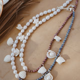 African Shell + Pearl Bead Necklace with Rhodonite or Aventurine Beads