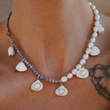 African Shell + Pearl Bead Necklace with Rhodonite or Aventurine Beads