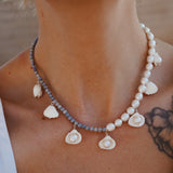 African Shell + Pearl Bead Necklace with Rhodonite or Aventurine Beads