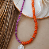 Necklace in Coral, Dyed Magnesite, & African Shell w/ Freshwater Pearl
