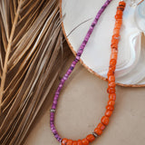 Necklace in Coral, Dyed Magnesite, & African Shell w/ Freshwater Pearl